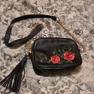 Floral Embroidered Black Crossbody Bag